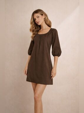 Ann Mashburn Size Small Pleated 3/4 Sleeves Mini Cotton Dress Brown Women’s